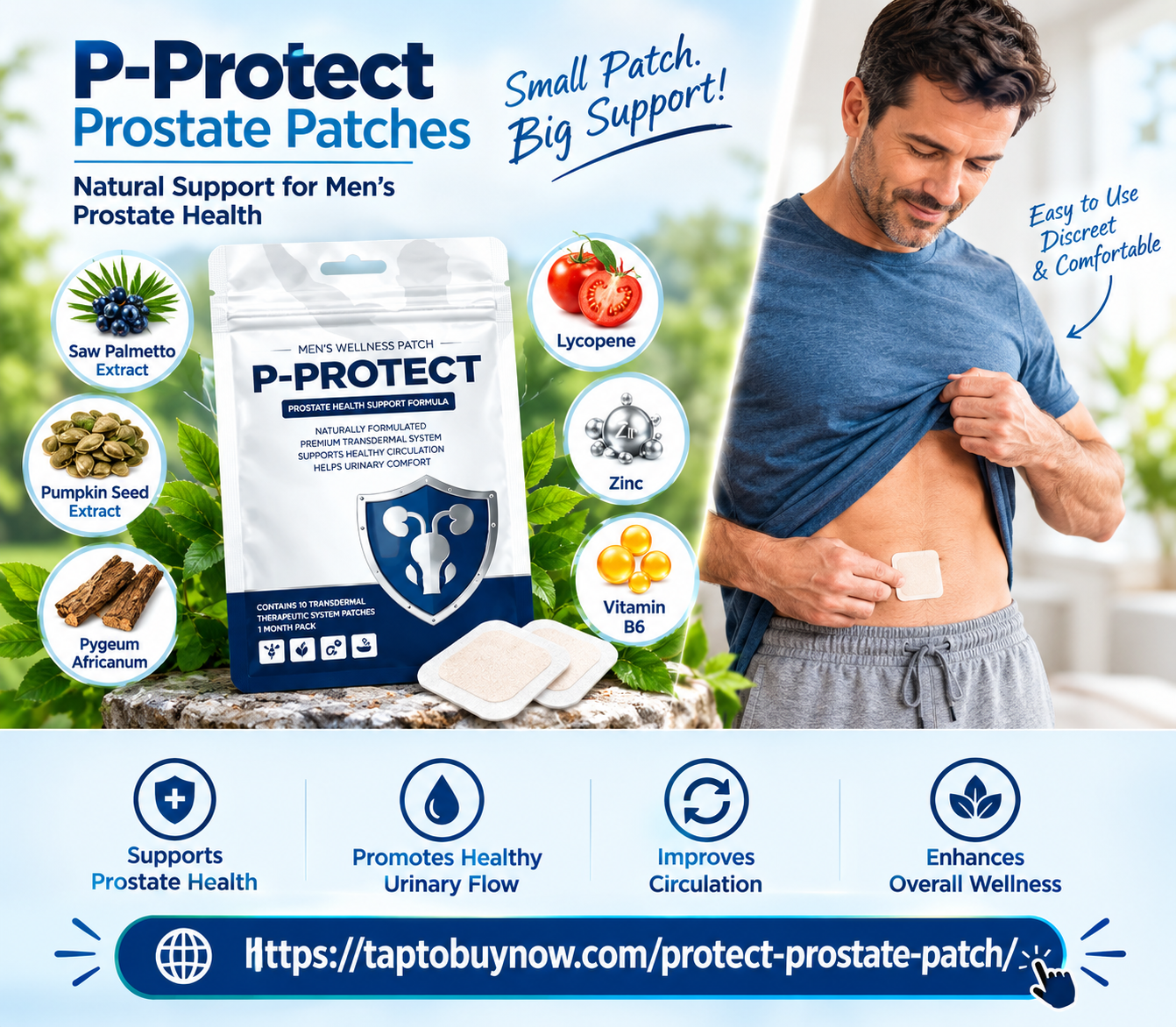 Man applying a P-PROTECT patch, with ingredient icons