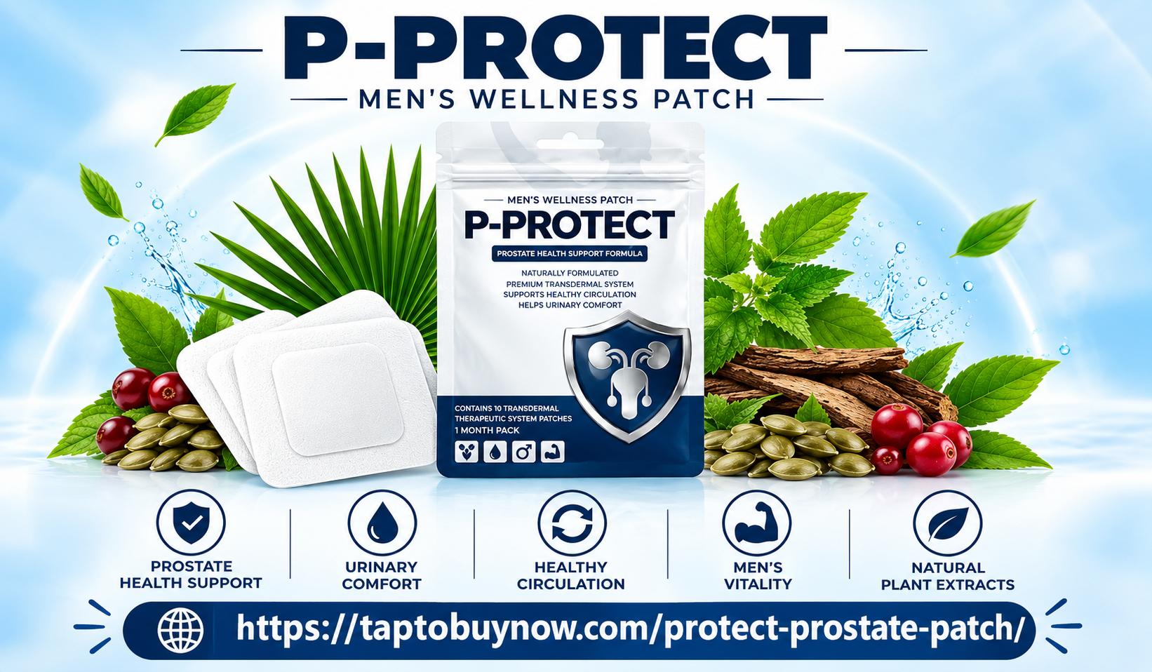 P-PROTECT men's wellness patch banner with packaging and patches